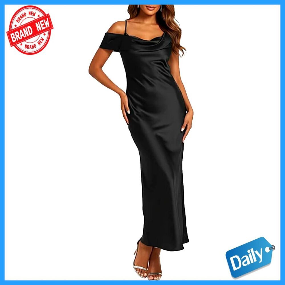 Satin Maxi Dress Elegant Formal Wedding Guest Backless Cowl Neck Adjustable